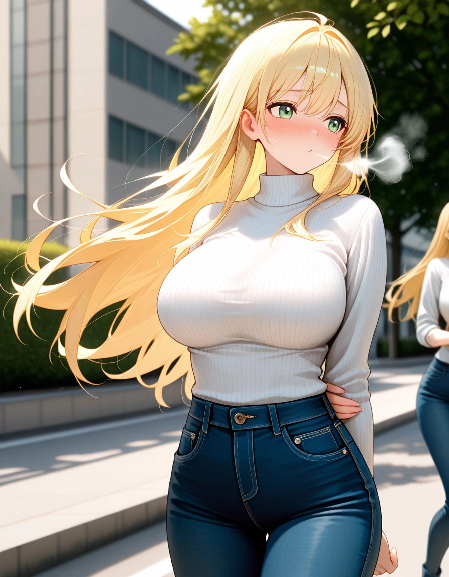 breasts, blonde hair, long hair, large breasts, denim, pants · Yamete.gg