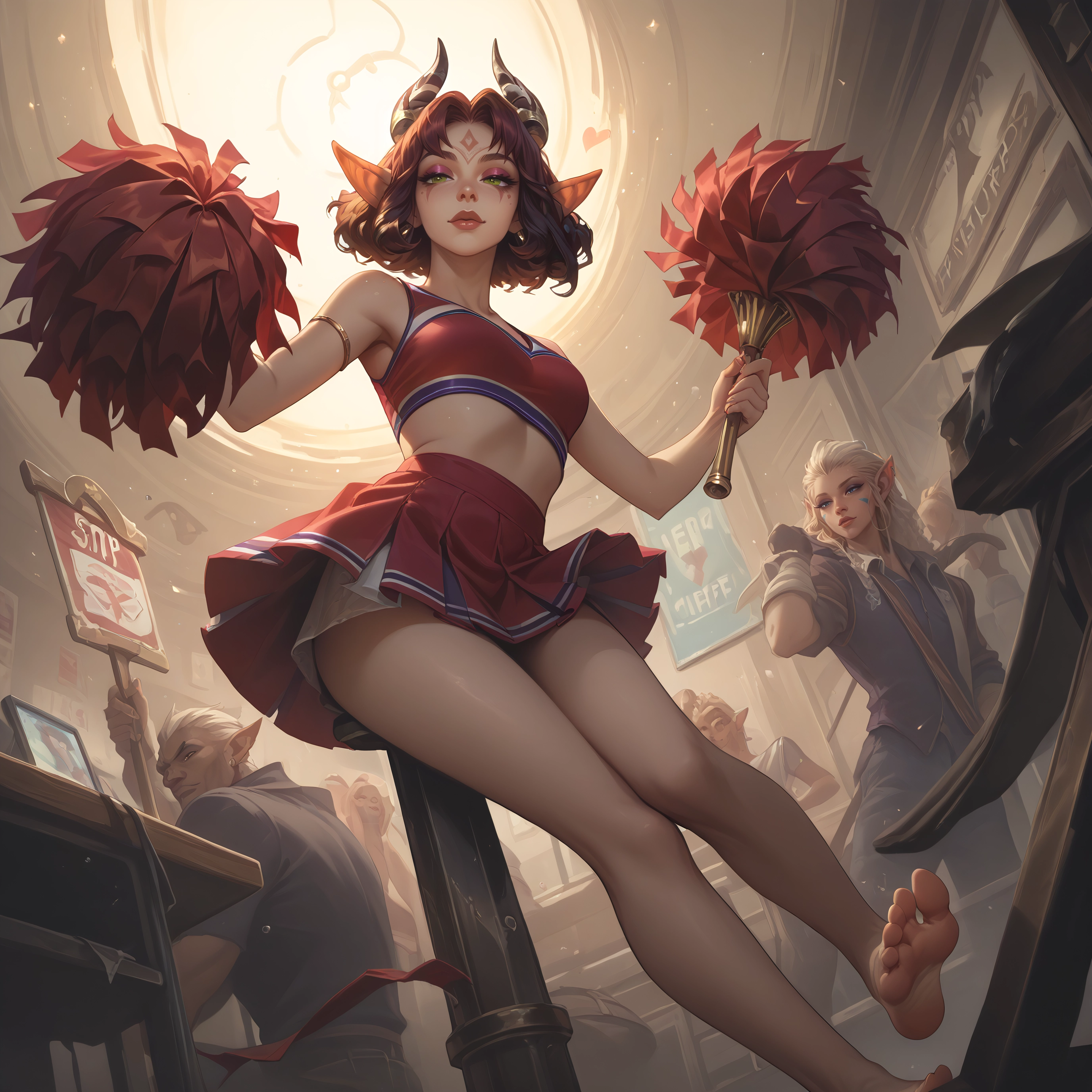 barefoot, horns, cheerleader, skirt, pom pom (cheerleading), feet · Yamete.gg