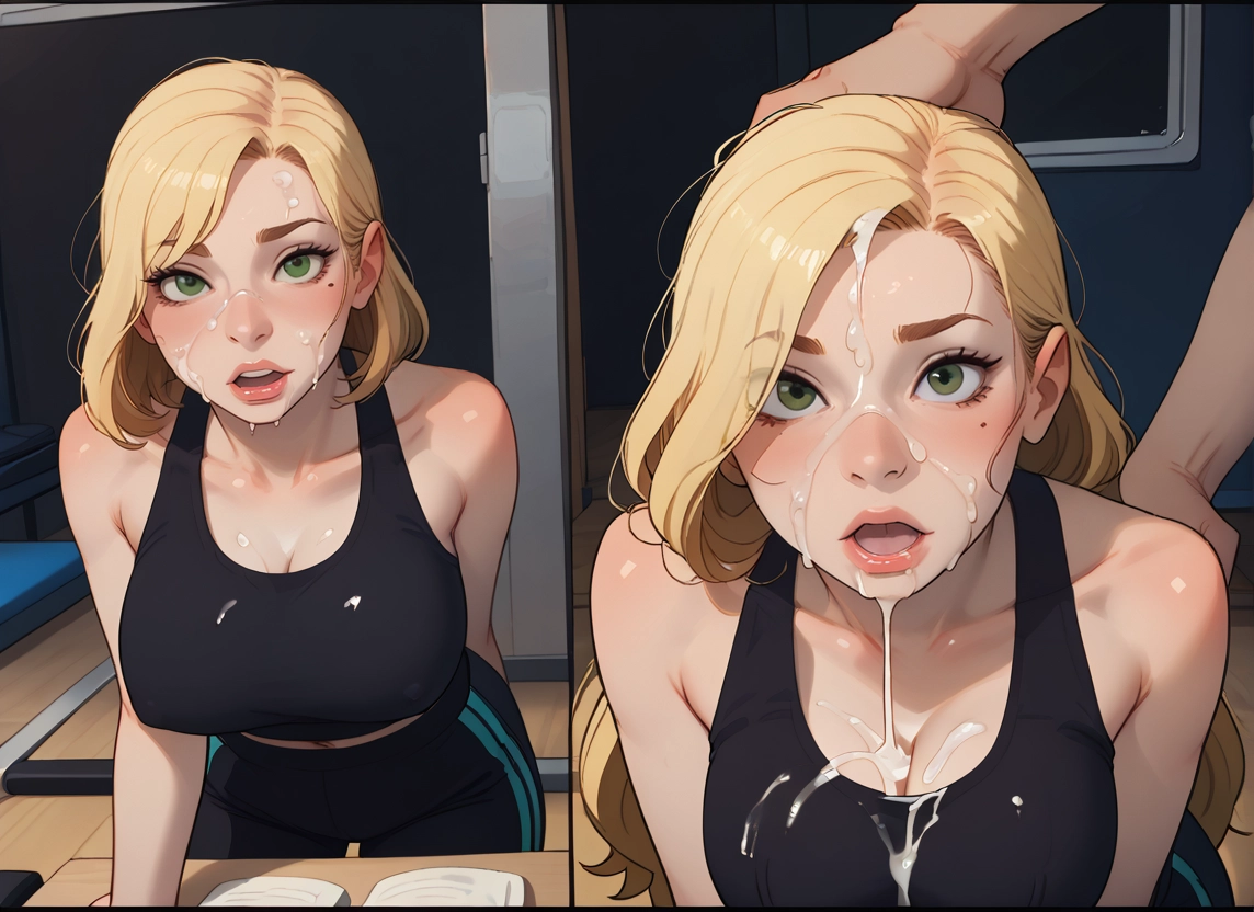 1girl, green eyes, breasts, blonde hair, cum, facial · Yamete.gg