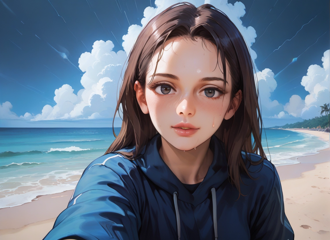 1girl, solo, outdoors, looking at viewer, hood, beach · Yamete.gg