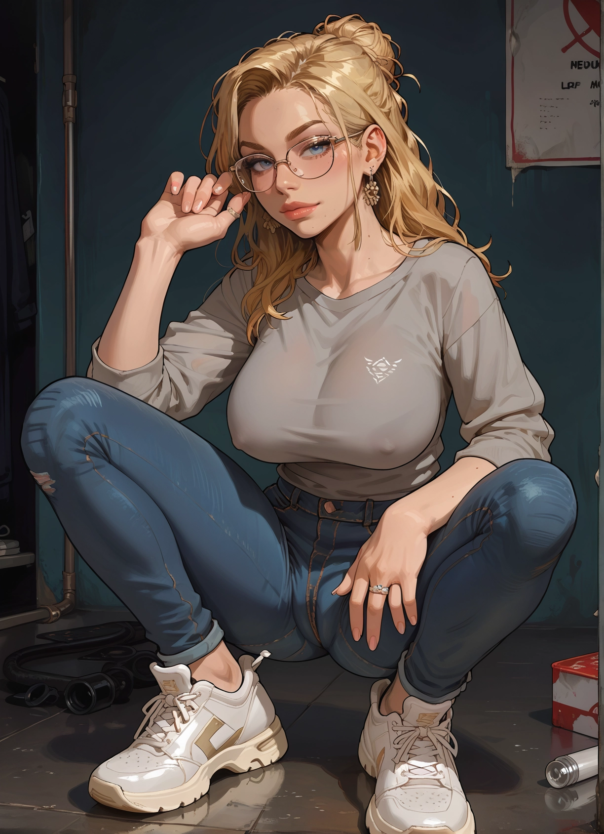 1girl, breasts, blonde hair, jewelry, pants, squatting · Yamete.gg