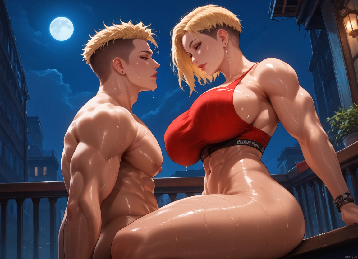 1girl, breasts, 1boy, muscular, blonde hair, night · Yamete.gg