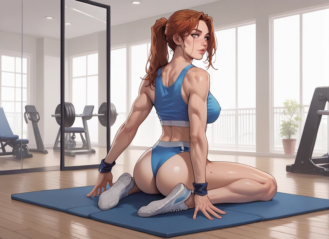 1girl, gym, solo, brown hair, ass, breasts · Yamete.gg