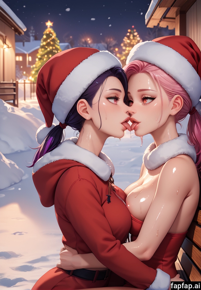 multiple girls, yuri, 2girls, breasts, hat, santa hat · Yamete.gg