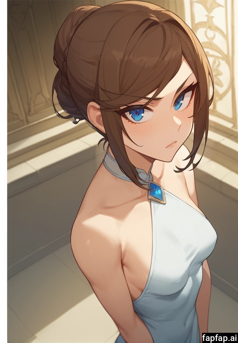1girl, blue eyes, brown hair, dress, solo, breasts