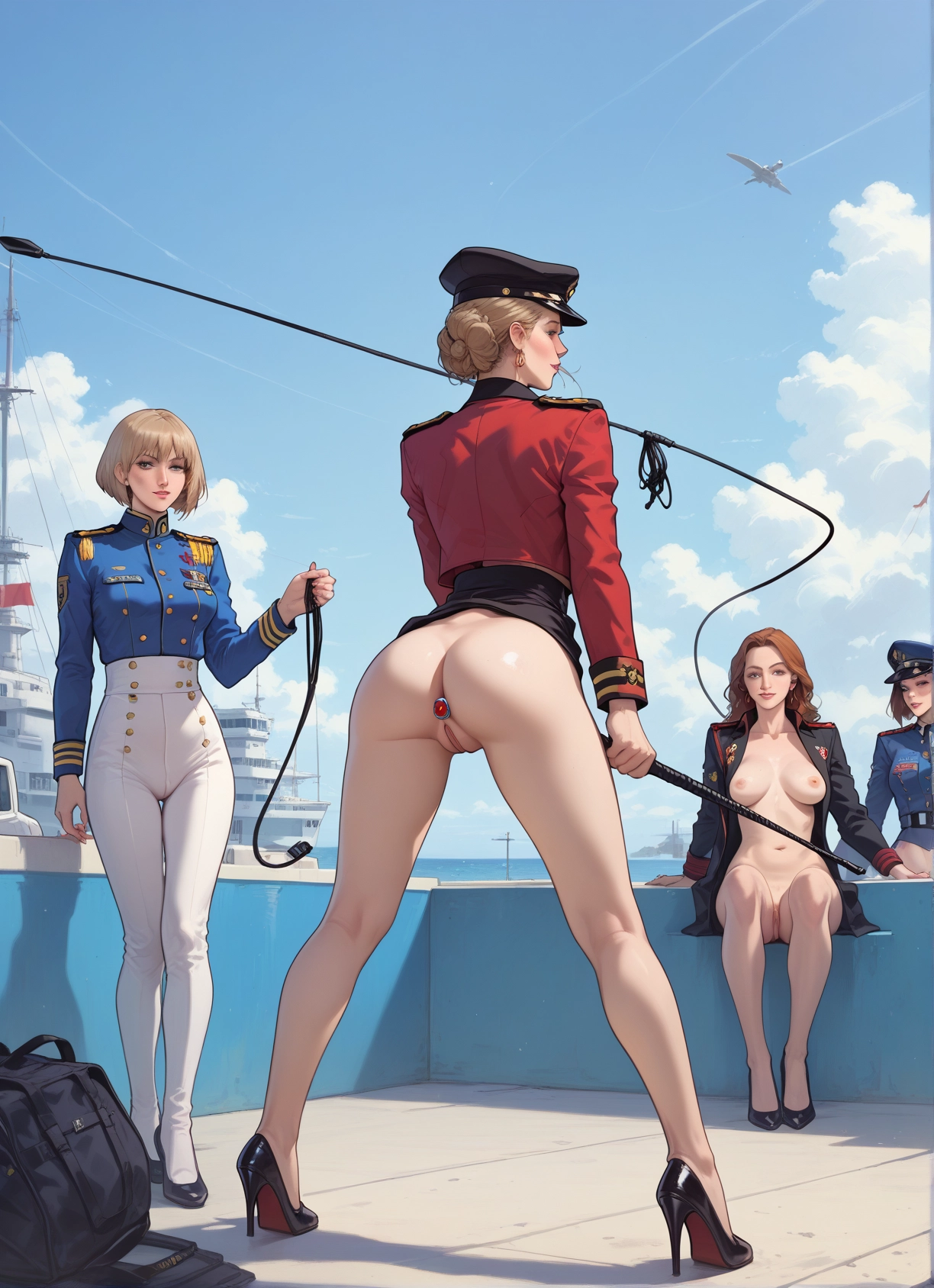 multiple girls, breasts, 3girls, high heels, blonde hair, ass