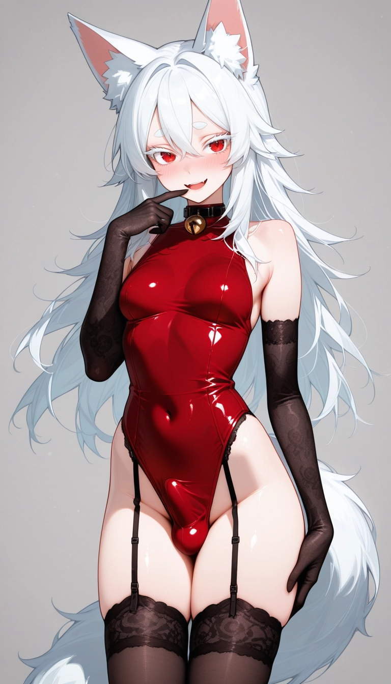 gloves, solo, thighhighs, red eyes, leotard, bulge