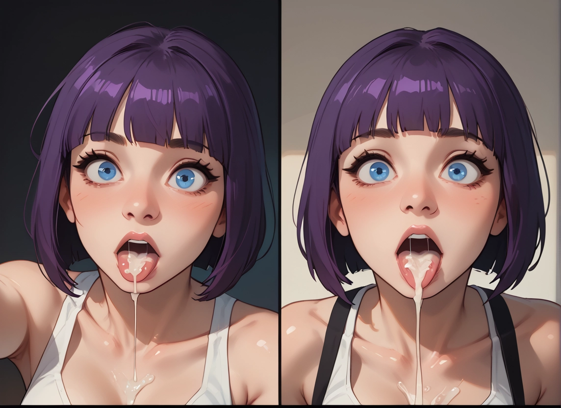 1girl, cum, blue eyes, cum in mouth, purple hair, open mouth · Yamete.gg