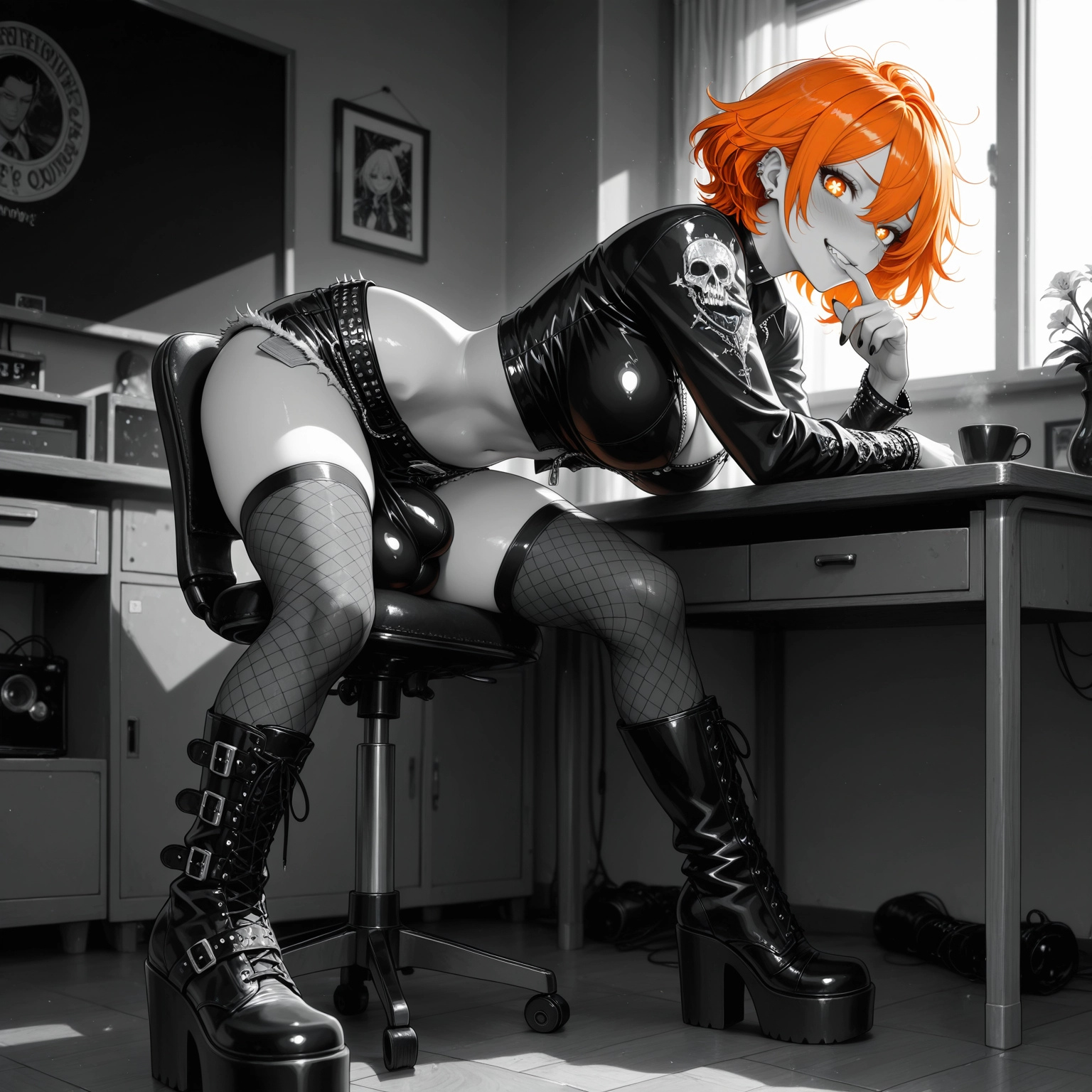 solo, 1girl, leather, fishnets, orange hair, fishnet thighhighs · Yamete.gg