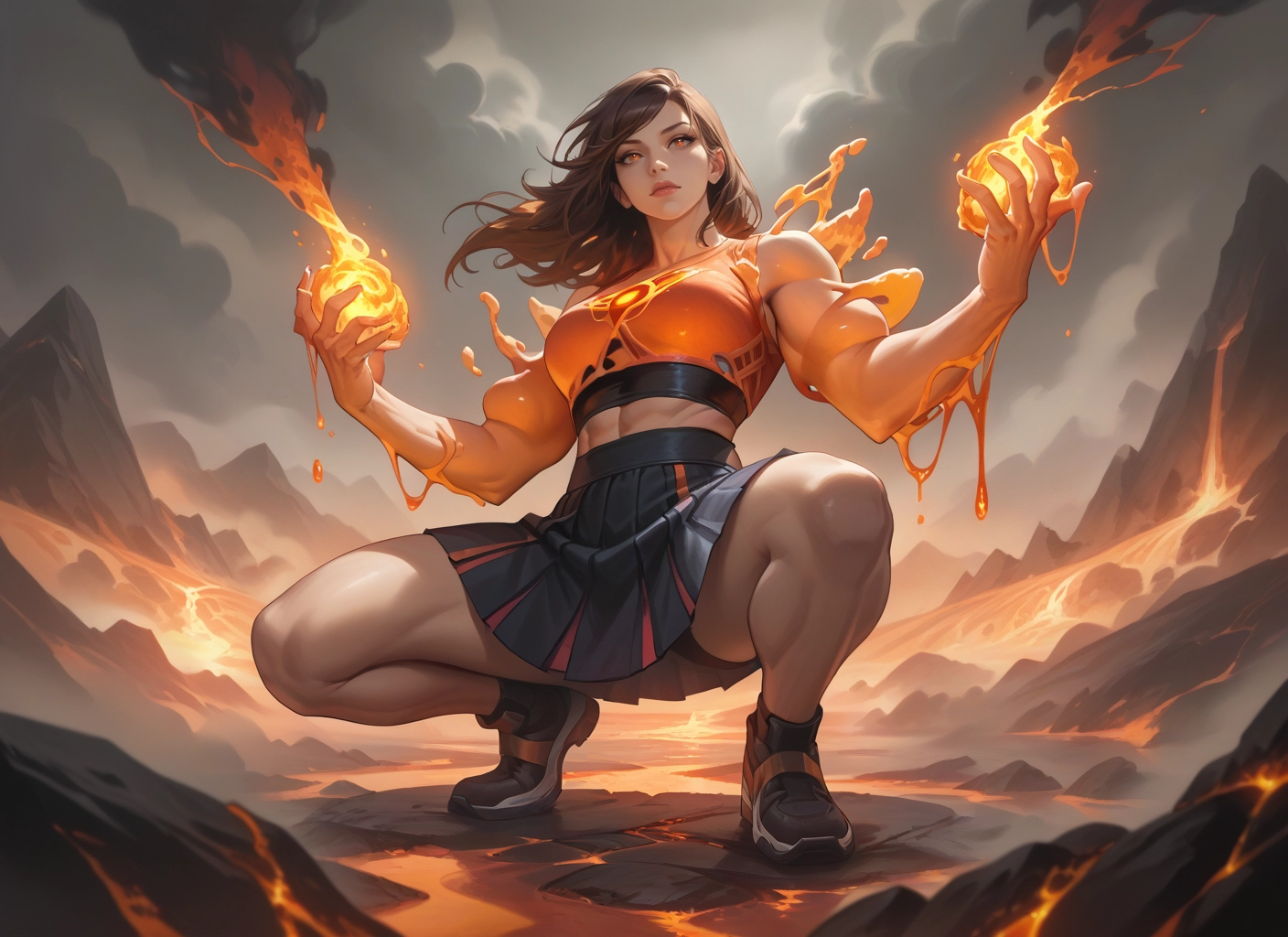 1girl, skirt, solo, squatting, fire, shoes