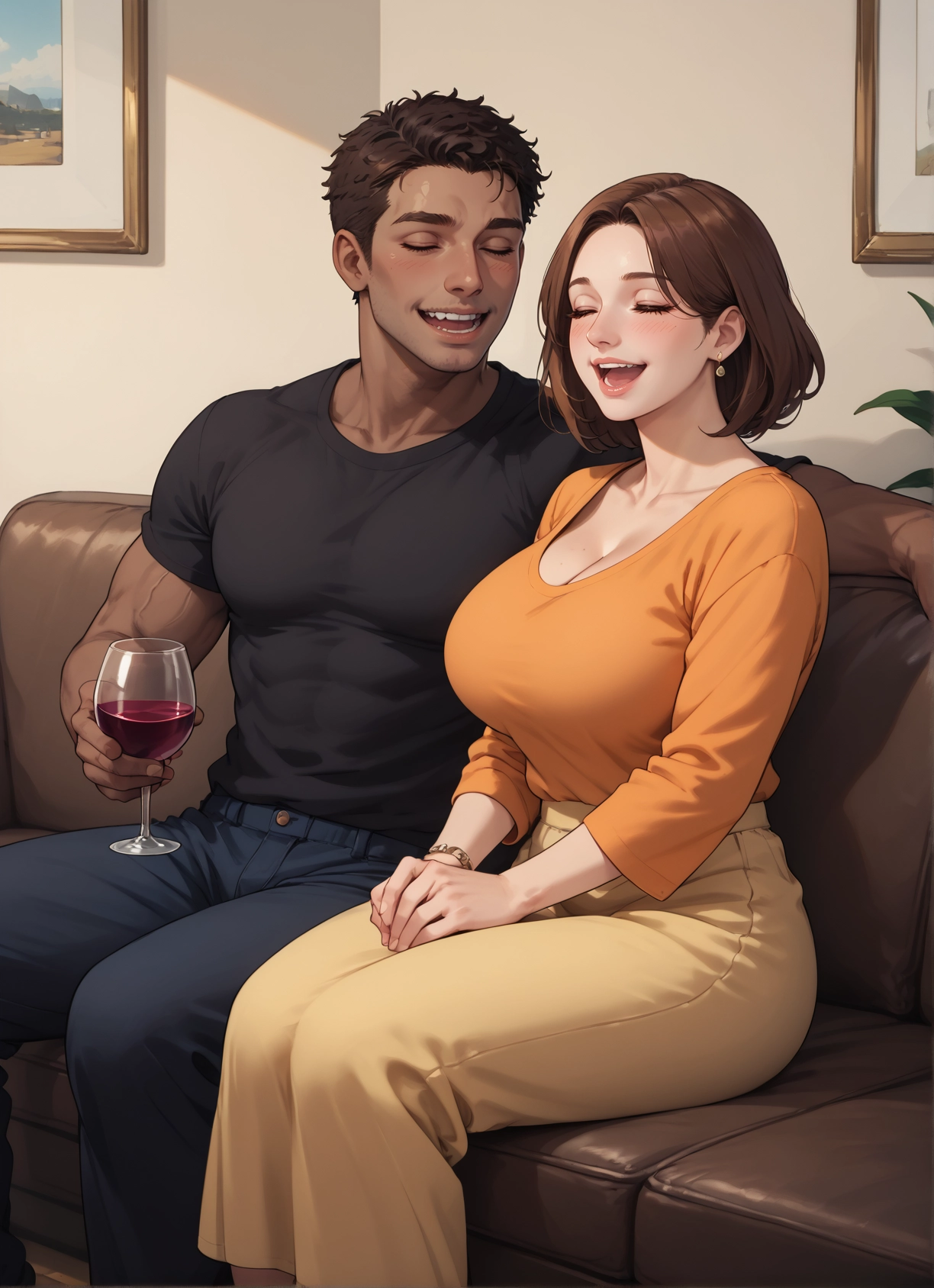 1girl, 1boy, breasts, brown hair, cup, drinking glass · Yamete.gg