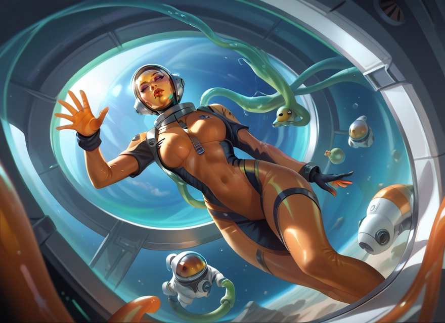 1girl, breasts, helmet, space, bodysuit, navel