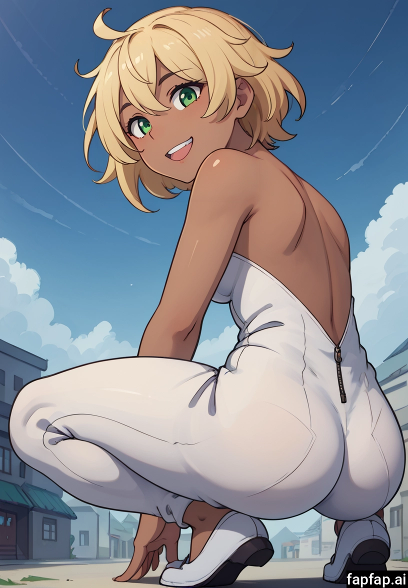 1girl, solo, green eyes, squatting, blonde hair, ass · Yamete.gg