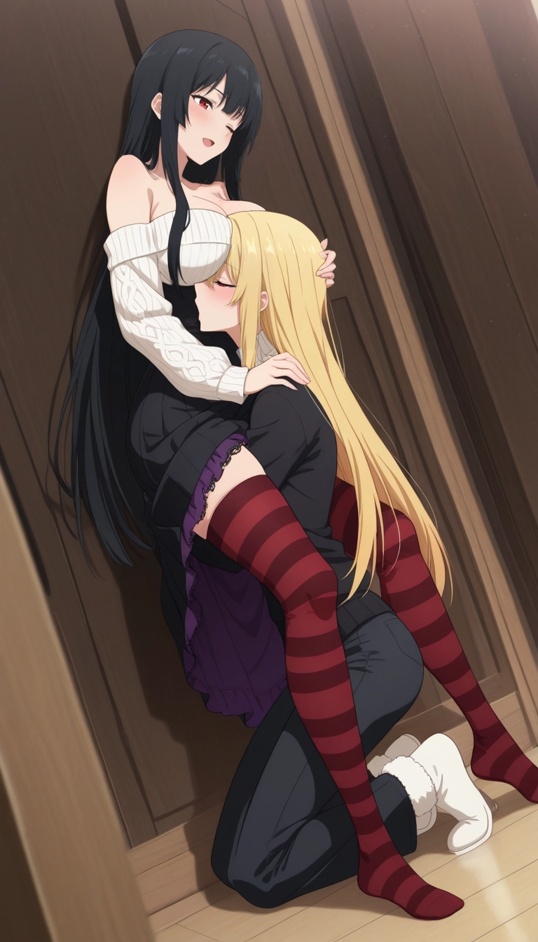multiple girls, 2girls, long hair, thighhighs, sweater, blonde hair