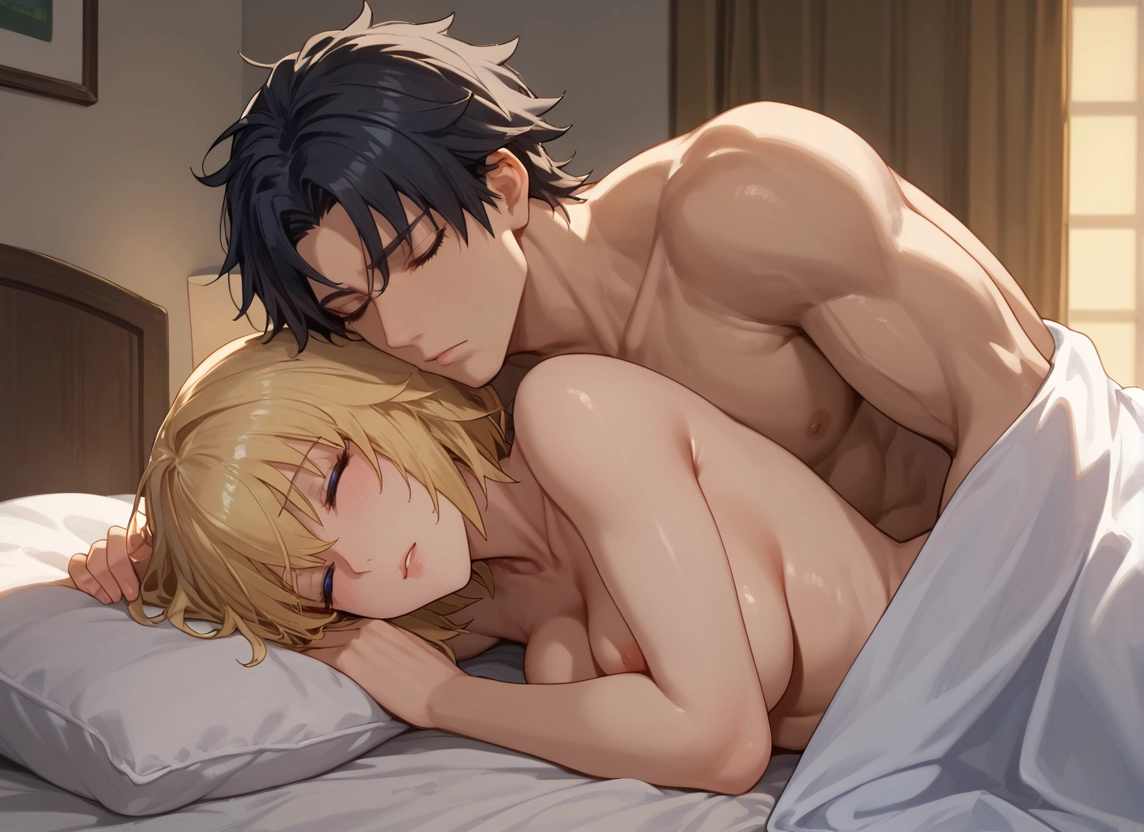 1girl, 1boy, blonde hair, breasts, closed eyes, lying · Yamete.gg