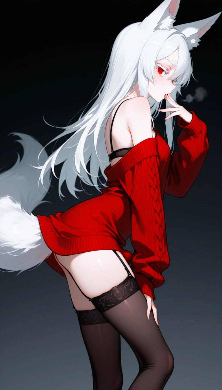 1girl, solo, thighhighs, animal ears, red eyes, tail · Yamete.gg