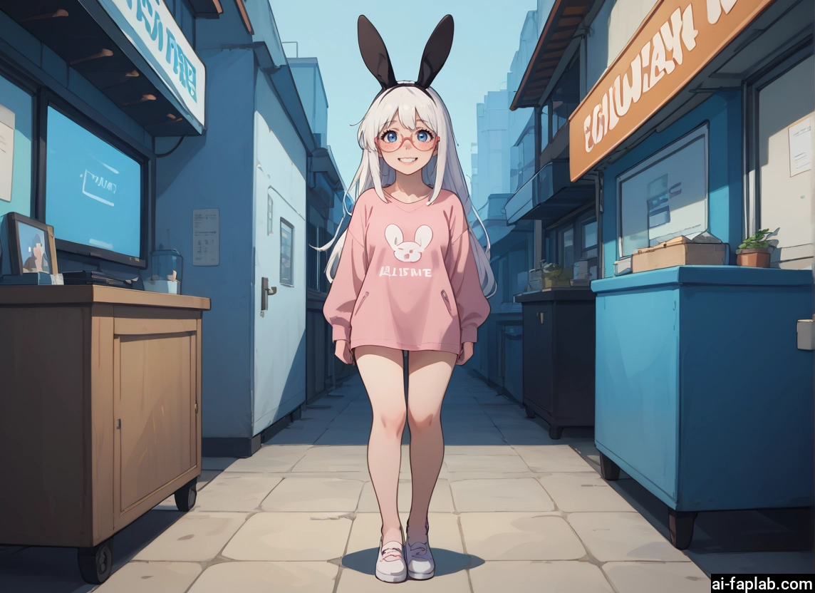 1girl, long hair, glasses, blue eyes, smile, rabbit ears