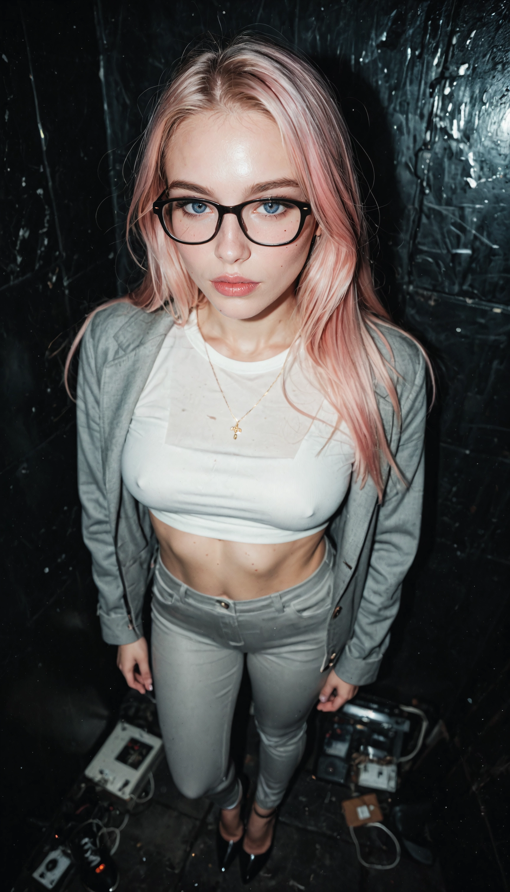1girl, glasses, solo, breasts, pants, jewelry · Yamete.gg