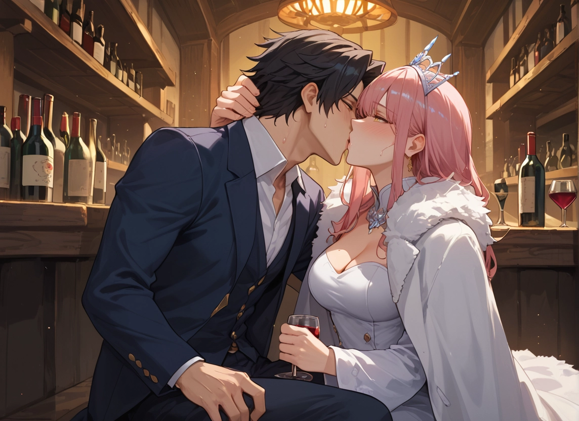 1girl, 1boy, breasts, kiss, pink hair, dress · Yamete.gg