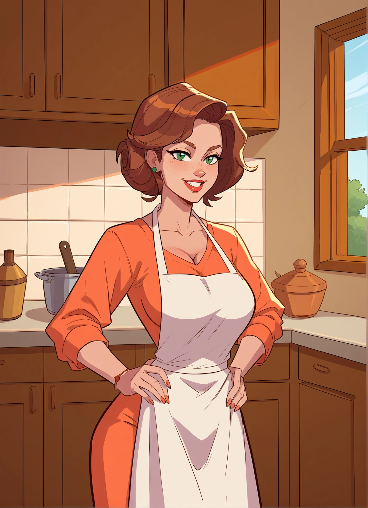 1girl, breasts, green eyes, apron, solo, jewelry · Yamete.gg