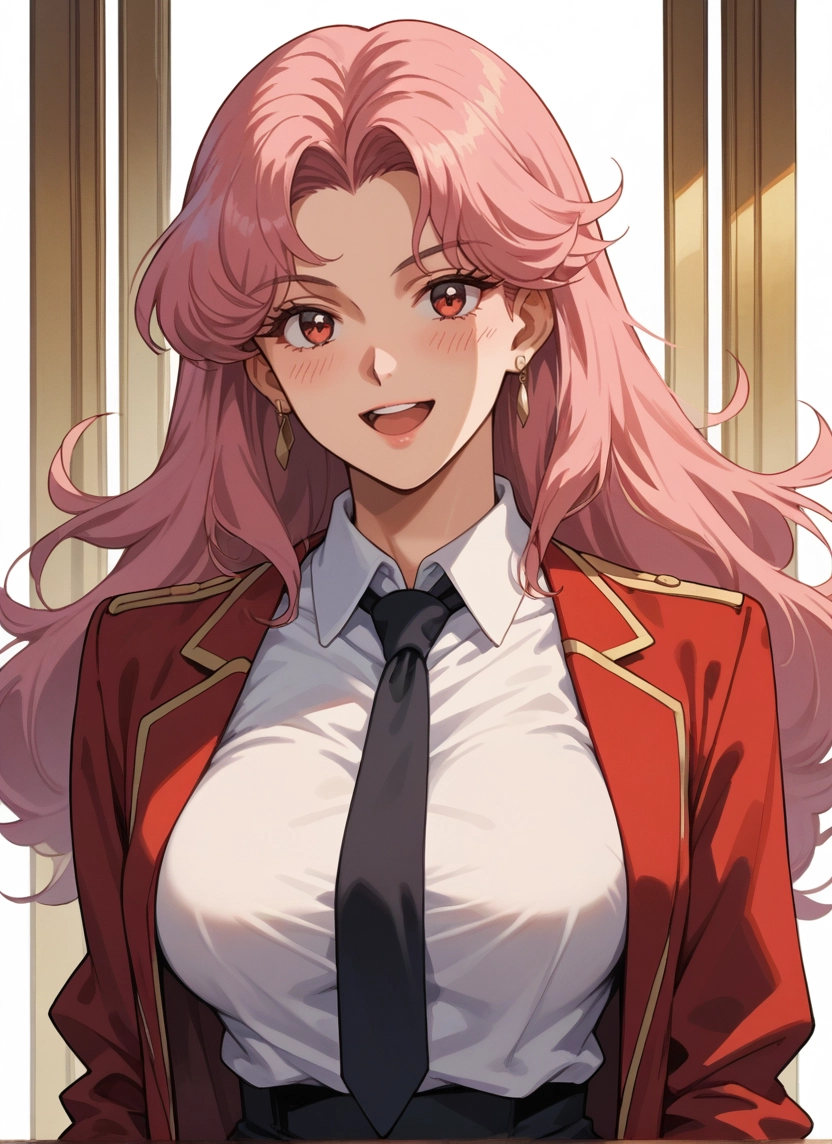 1girl, necktie, jewelry, earrings, pink hair, open mouth · Yamete.gg