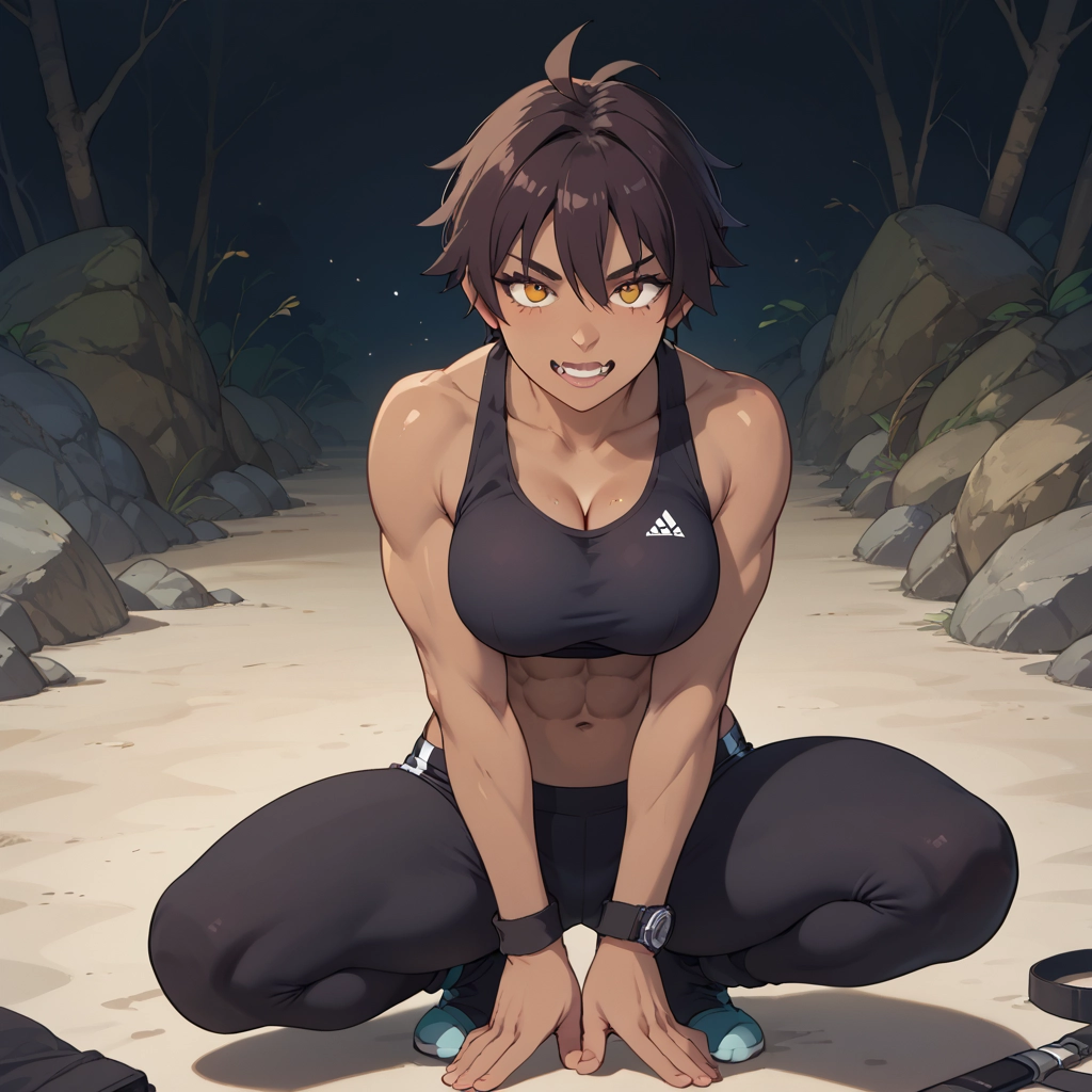 1girl, breasts, short hair, abs, brown hair, squatting · Yamete.gg