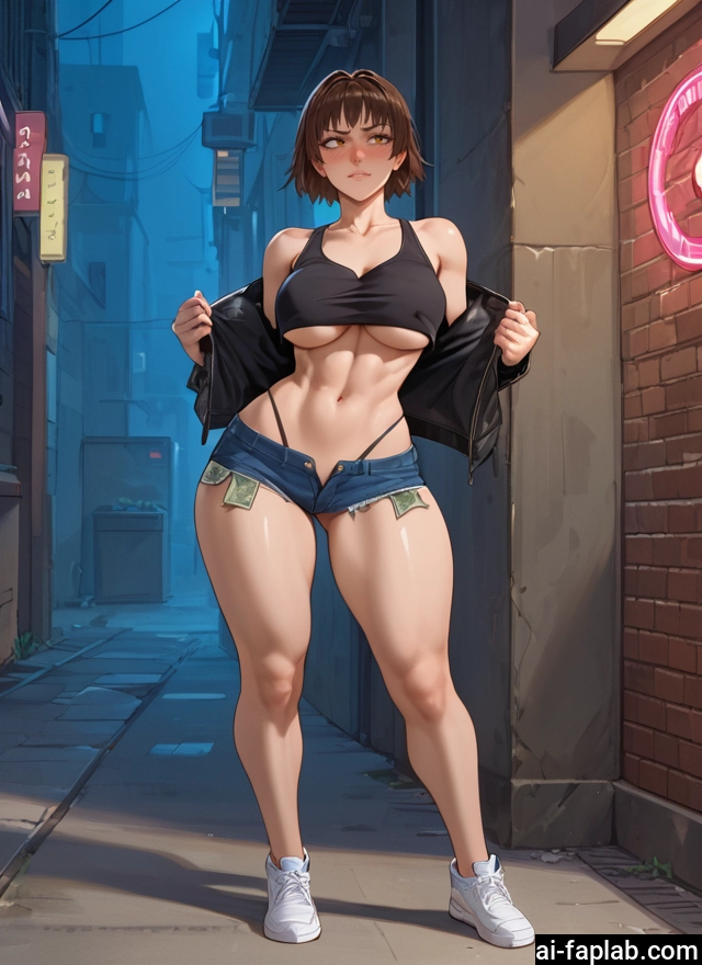 1girl, breasts, brown hair, shorts, short hair, underboob