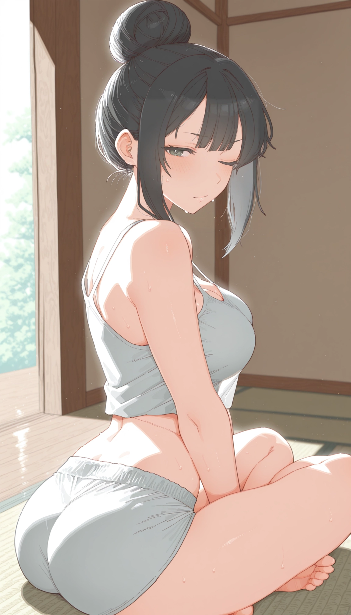 1girl, breasts, solo, ass, one eye closed, sitting · Yamete.gg