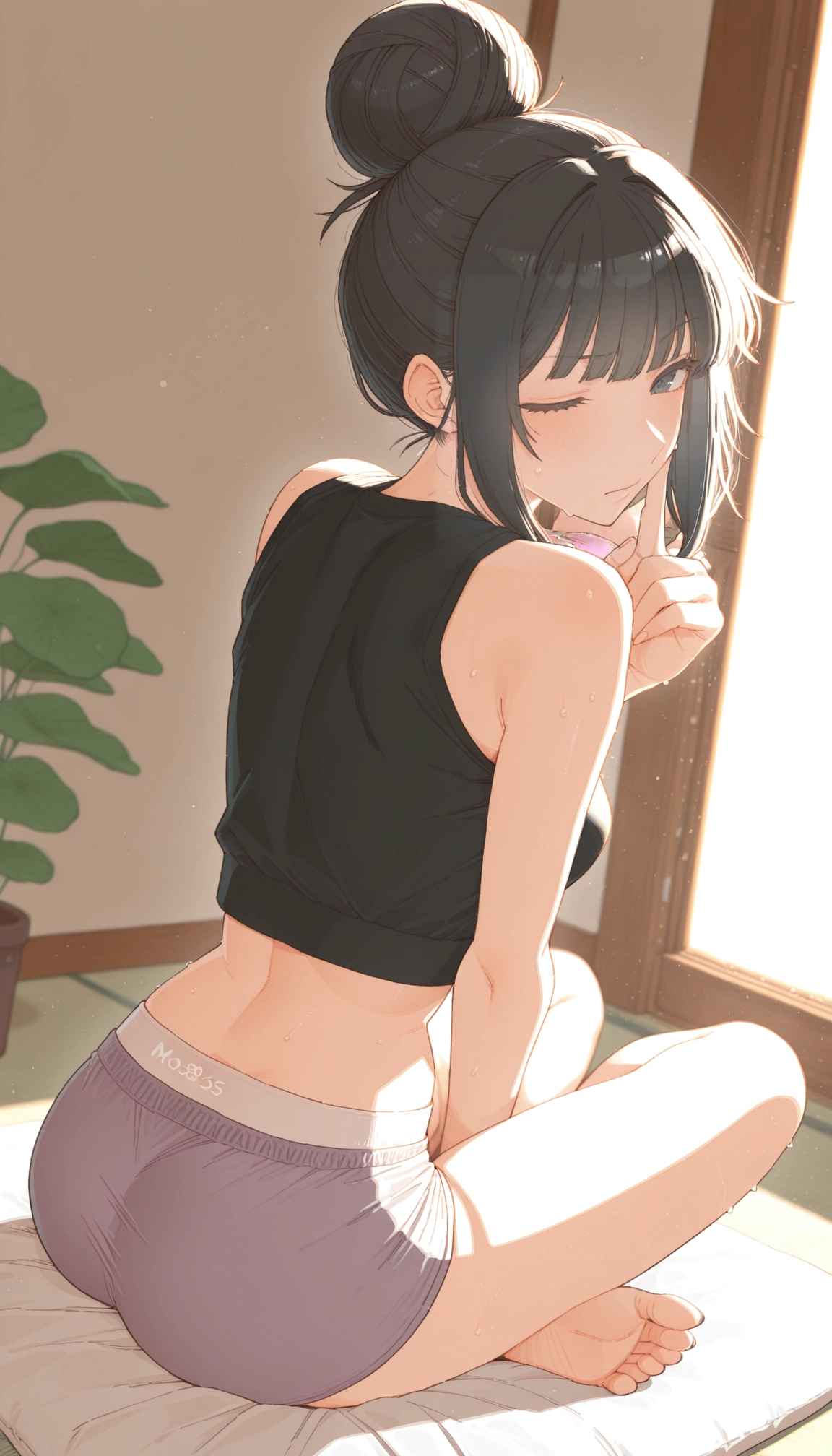 1girl, solo, one eye closed, barefoot, sitting, hair bun · Yamete.gg