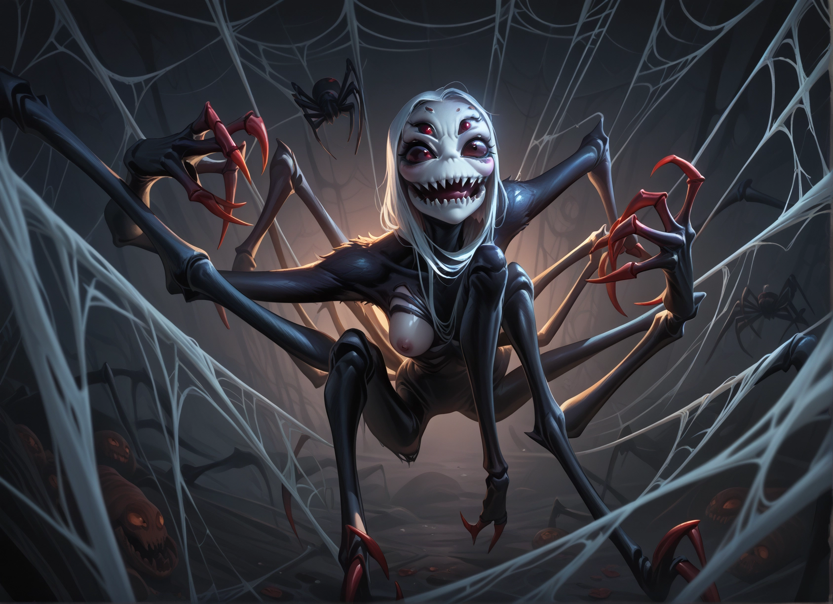 1girl, silk, spider web, breasts, nipples, arthropod girl
