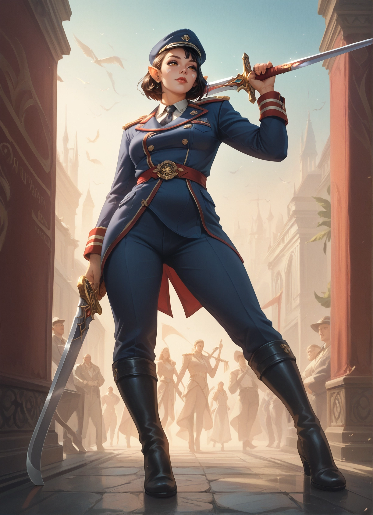 weapon, sword, uniform, pointy ears, boots, military · Yamete.gg