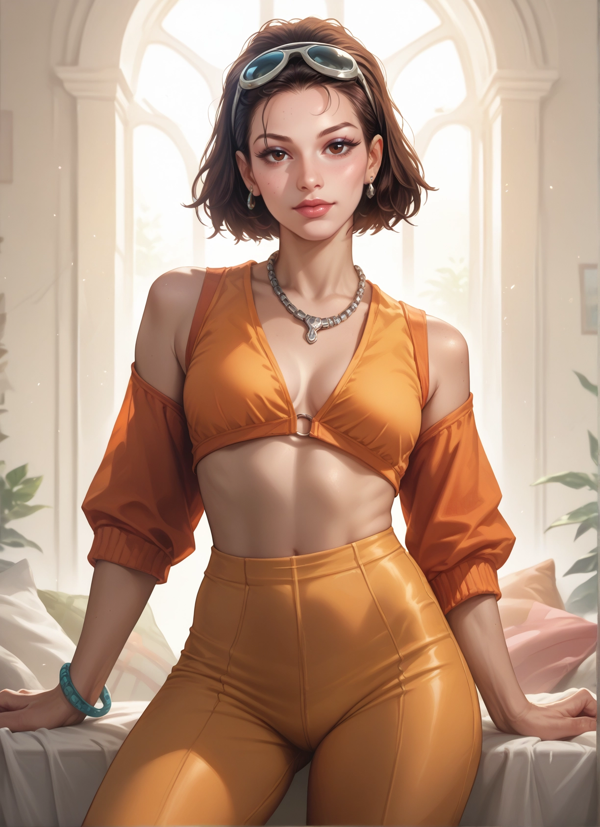 1girl, solo, jewelry, brown hair, breasts, brown eyes · Yamete.gg
