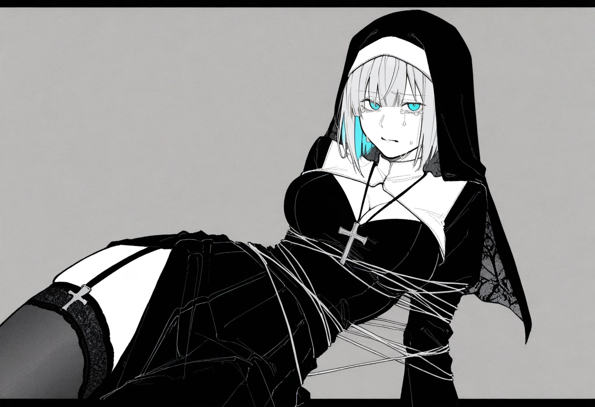 1girl, nun, cross, thighhighs, blue eyes, solo