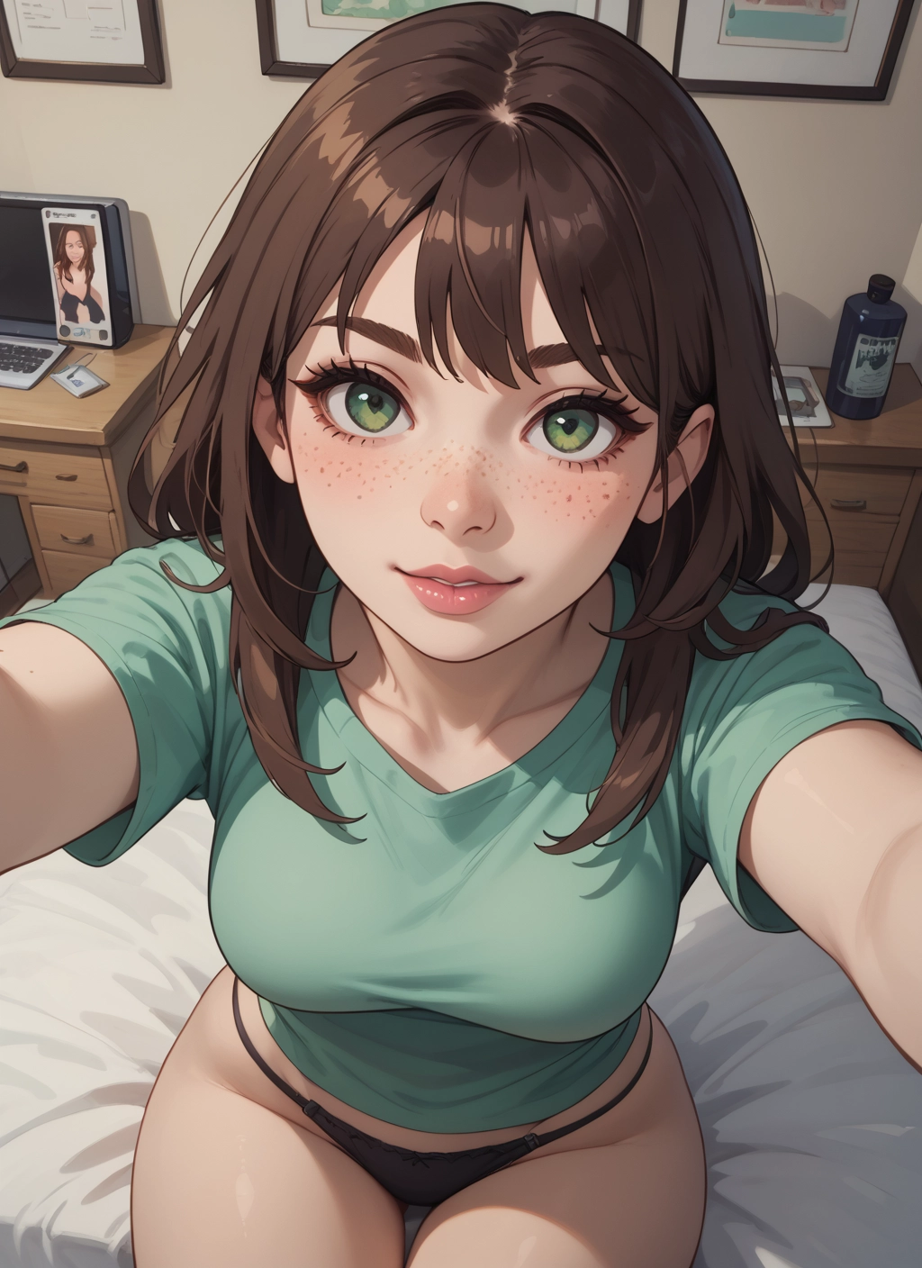1girl, underwear, panties, brown hair, freckles, green eyes · Yamete.gg