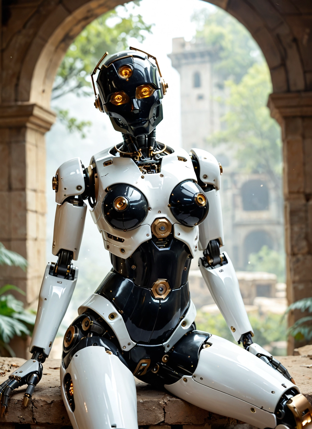 1girl, solo, sitting, robot, humanoid robot, blurry · Yamete.gg