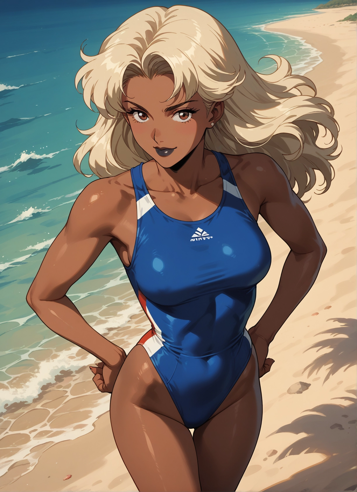 1girl, swimsuit, one-piece swimsuit, solo, beach, breasts · Yamete.gg