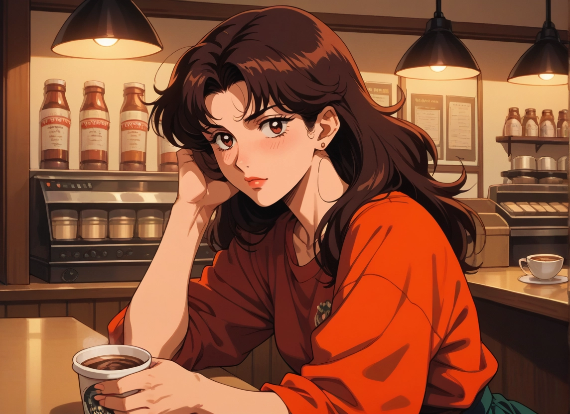 1girl, solo, cup, brown hair, looking at viewer, coffee · Yamete.gg