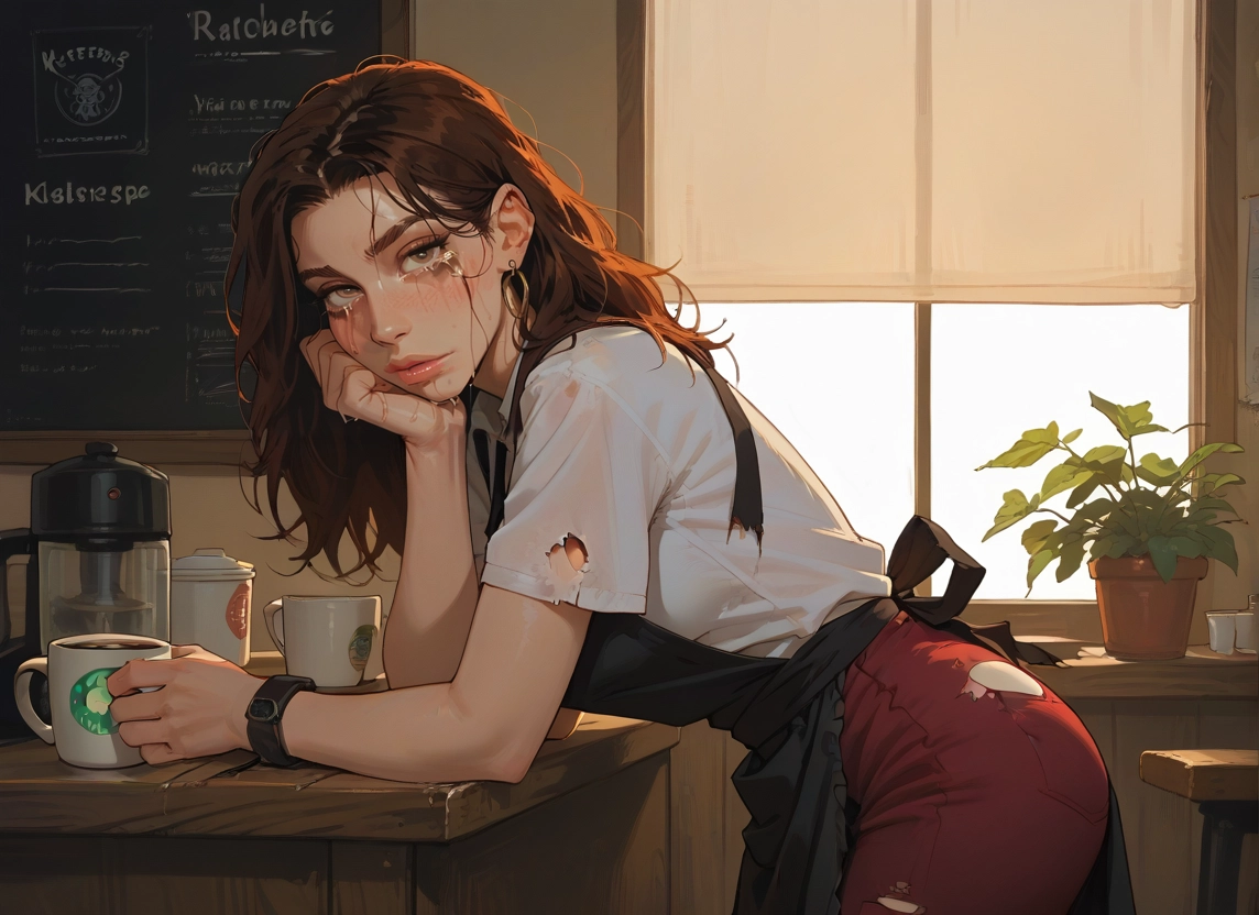 1girl, solo, cafe, pants, cup, shirt · Yamete.gg