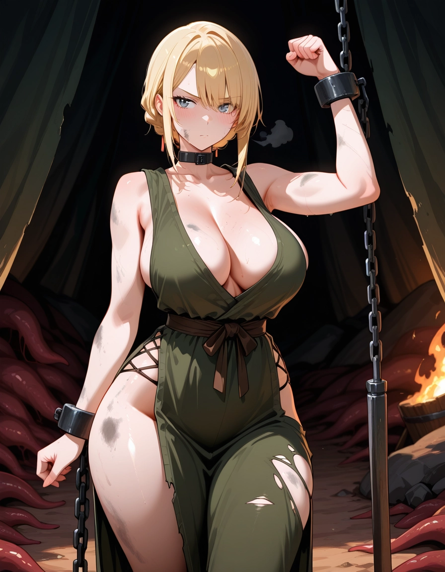 1girl, breasts, blonde hair, green dress, dress, torn clothes · Yamete.gg