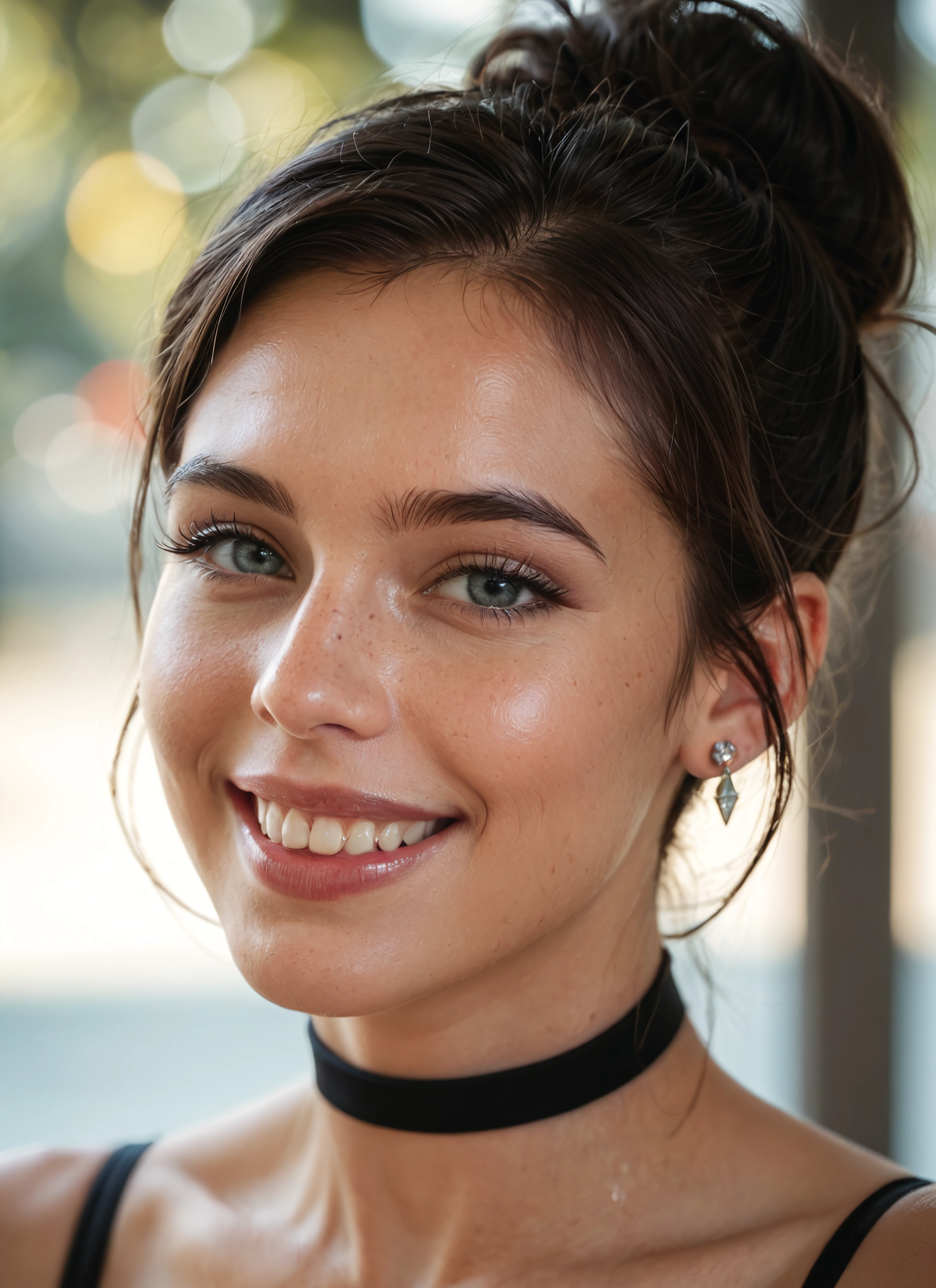 1girl, solo, jewelry, earrings, choker, freckles · Yamete.gg