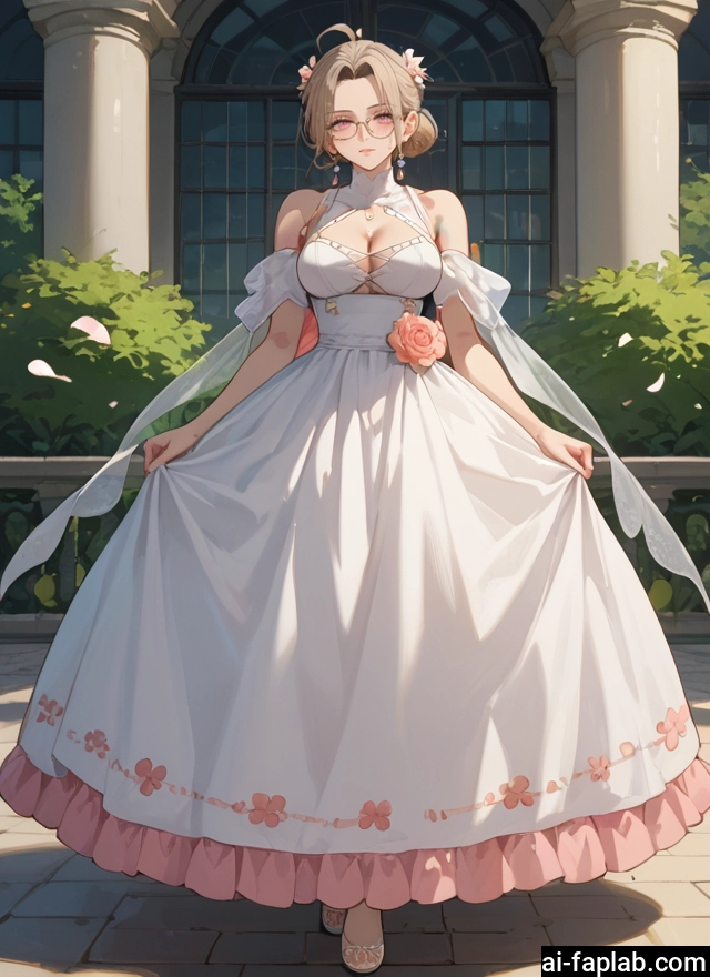 1girl, dress, white dress, breasts, glasses, solo