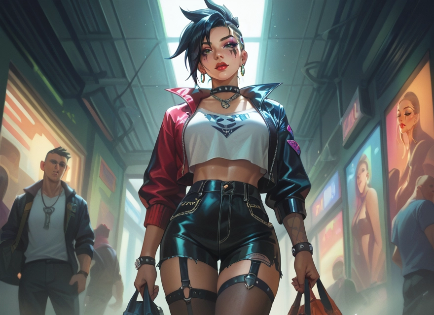 jacket, jewelry, earrings, bag, thighhighs, makeup · Yamete.gg