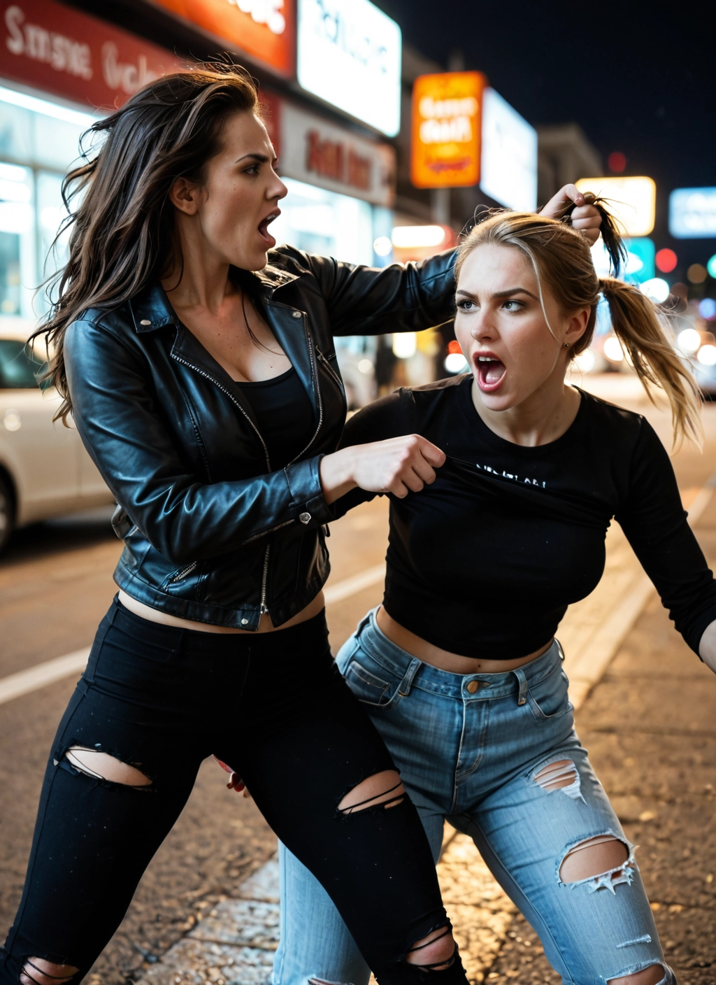 multiple girls, 2girls, pants, torn clothes, denim, jacket · Yamete.gg