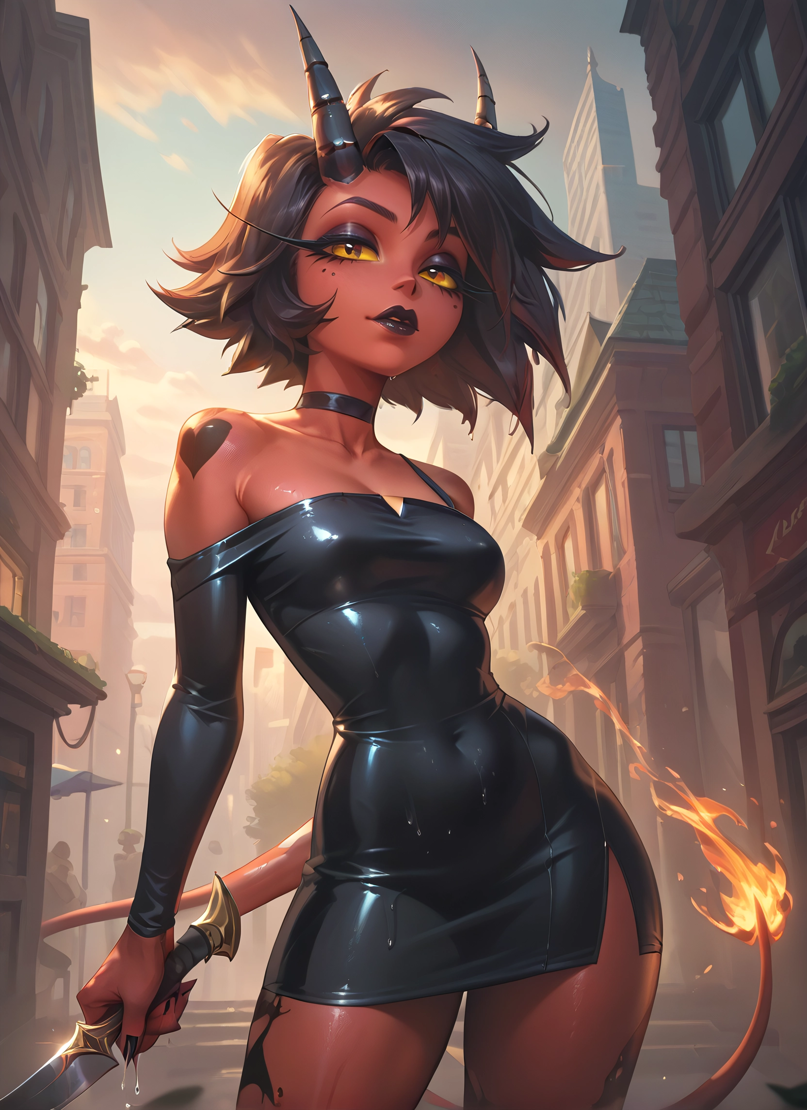 1girl, horns, tail, dress, breasts, fire · Yamete.gg