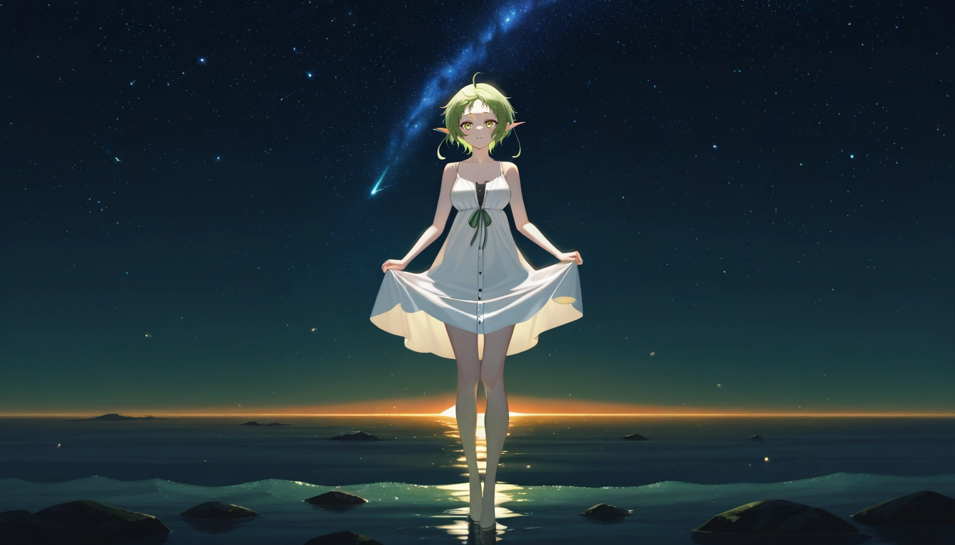 1girl, solo, dress, pointy ears, green hair, sky · Yamete.gg