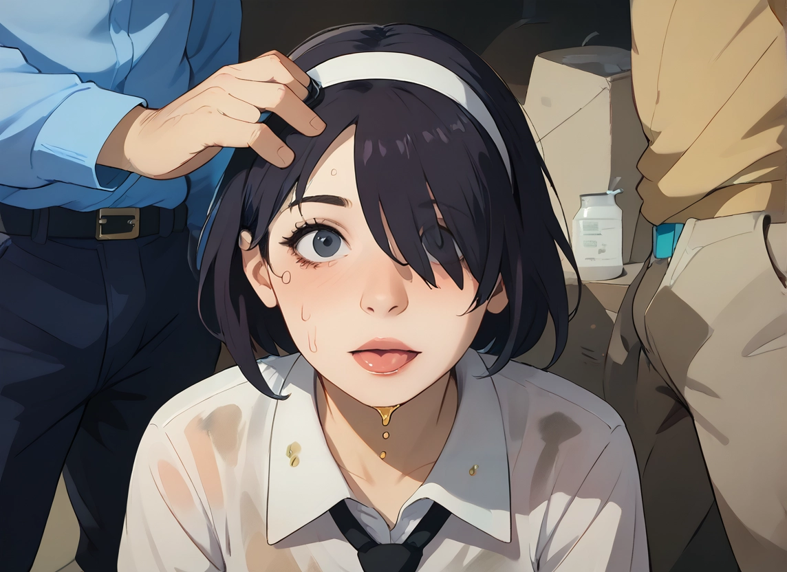 black hair, wet, wet clothes, hair over one eye, hairband, shirt · Yamete.gg