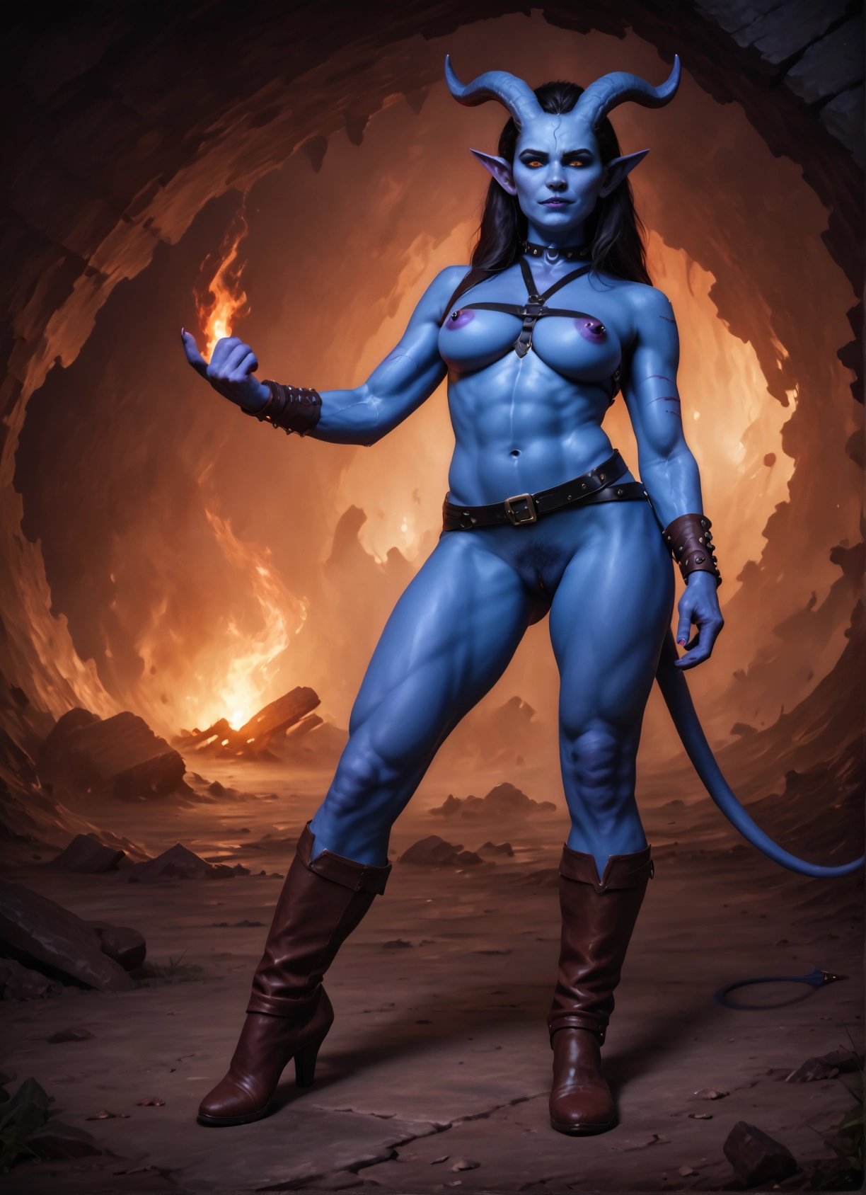 1girl, solo, colored skin, horns, pubic hair, boots · Yamete.gg