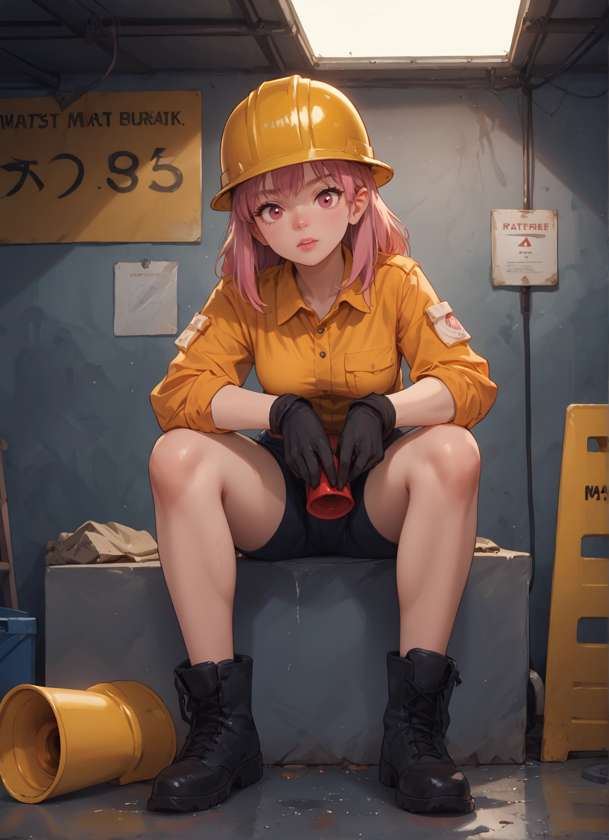 1girl, gloves, solo, pink hair, sitting, boots · Yamete.gg