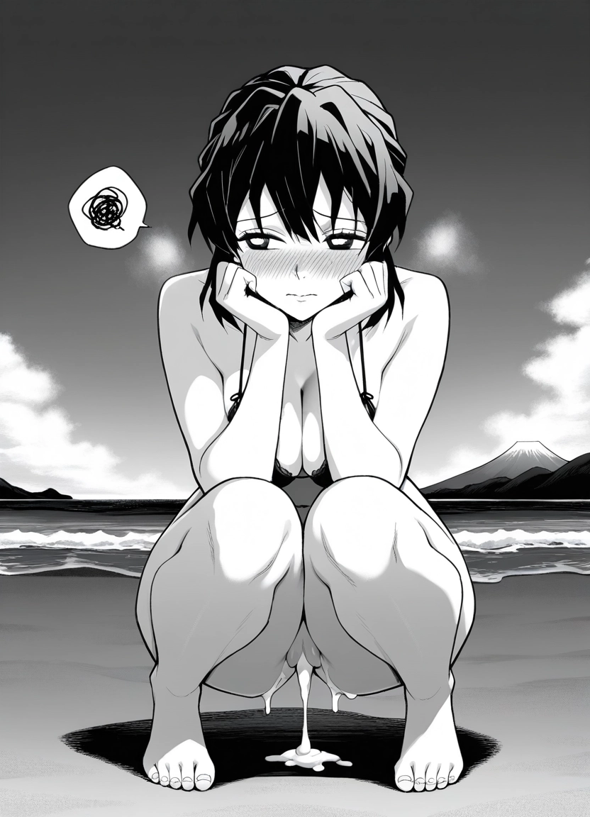 1girl, greyscale, monochrome, breasts, squatting, solo · Yamete.gg
