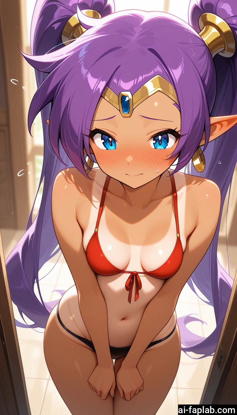 1girl, swimsuit, bikini, purple hair, solo, pointy ears